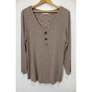 Soft Surroundings Taupe Lace Back V Neck Button Front Long Sleeve Tunic Medium